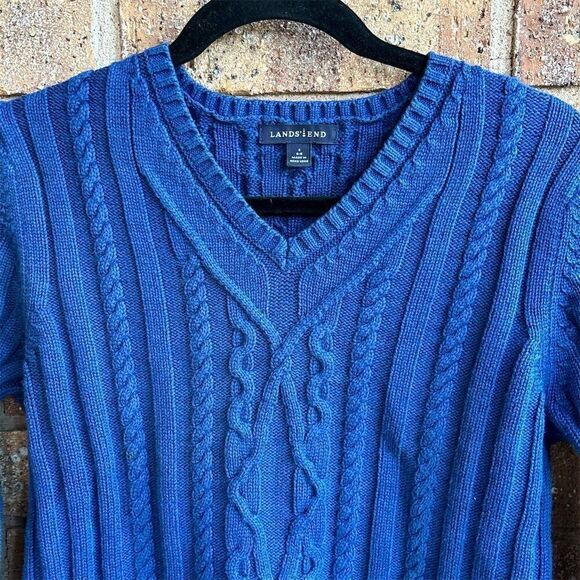 Lands' End Women's V-Neck Cable Knit Sweater Blue Size S Pullover - Picture 3 of 4